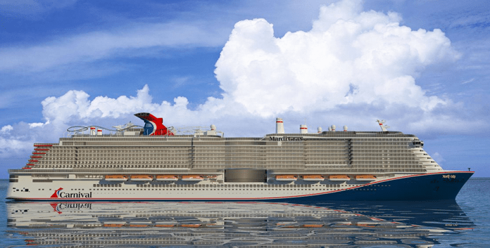 Artist impression van de Mardi Gras. Het nieuwe schip van Carnival Cruise Line komst in 2020 in de vaart. © Carnival Cruise Line