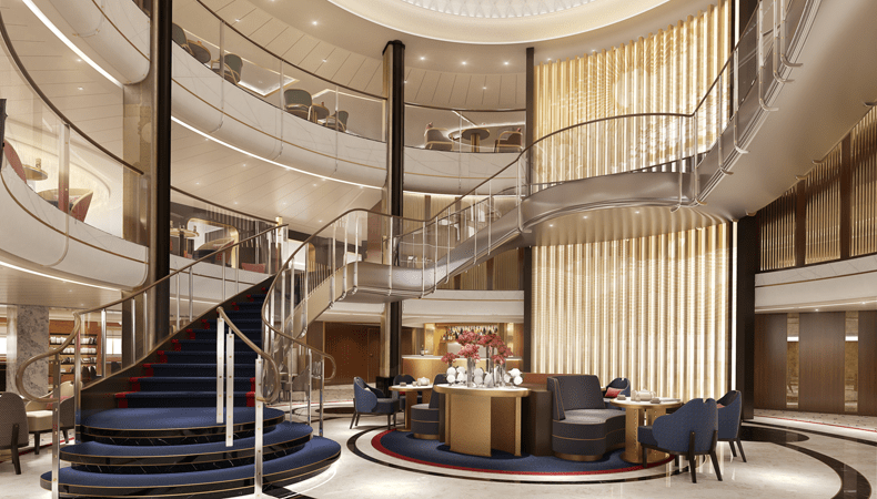 Artist impression van de twee dekken tellende Grand Lobby, het atrium van de Queen Anne © Cunard Cruise Line