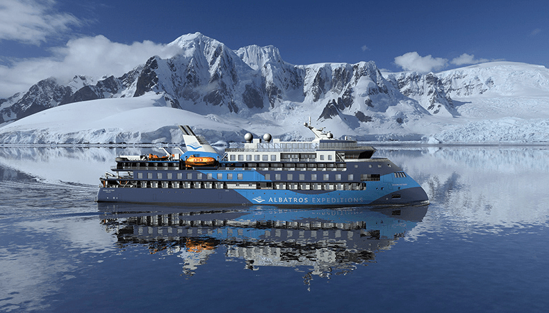De Ocean Albatros is een splinternieuw cruiseschip. De MS Albatros telt 95 comfortabele passagierskajuiten en suites bieden onbelemmerd zicht op zee en de meeste hebben een eigen balkon. © Nordic / Albatros Expeditions