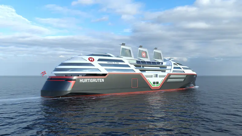Artist impression van het SeaZero-concept schip dat in 2030 voor Hurtigruten moet gaan varen langs de Noorse fjordne. © VARD Design / Hurtigruten