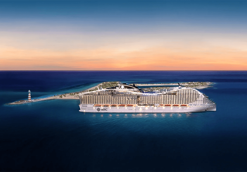 MSC World America maakt haar inaugurele cruises in het Caraïbisch Gebied en doet ook Ocean Cay Marine Reserve aan, het privé-eiland van MSC Cruises in de Bahama's. © artist impression MSC Cruises