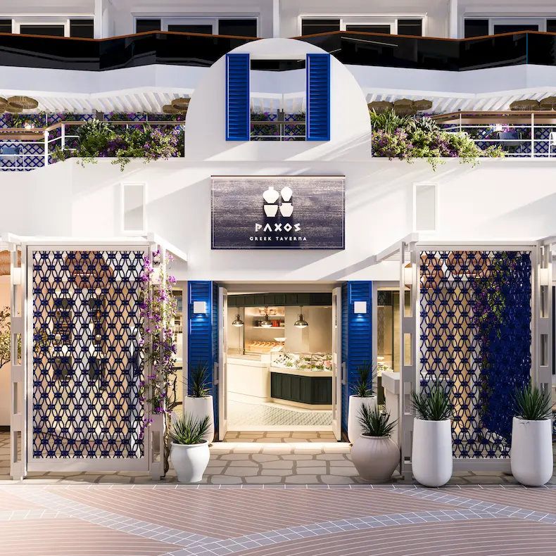 Artist Impression van het nieuwe Griekse restaurant Paxos op het Promenade-dek van de MSC World Europa © MSC Cruises