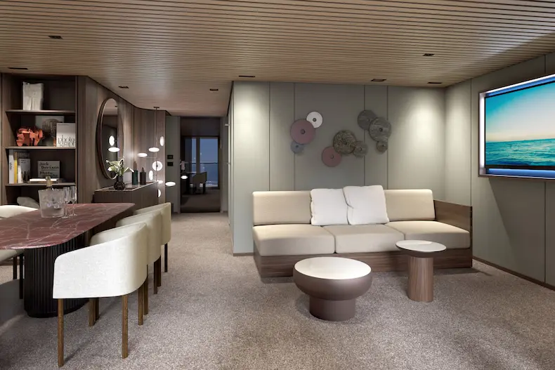 Artist impression van de 3-persoons duplex-suite in The Haven van de Norwegian Aqua. © Norwegian Cruise Line