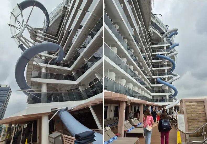 Links de droge glijbaan The Drop, rechts de waterglijbaan The Wave. De buizen lopen bij sommige hutten vlak langs de balkons. © Nico van Dijk / Decruisegids.nl