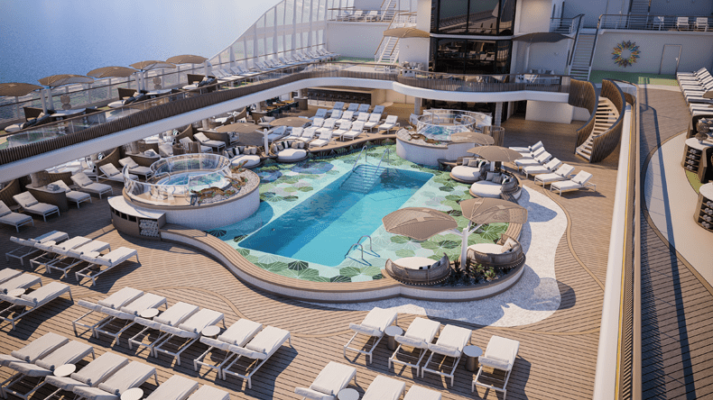 Het pool deck van het nieuwe cruiseschip Vista krijgt ook een pizzeria en een ijsbar. © Oceania Cruises