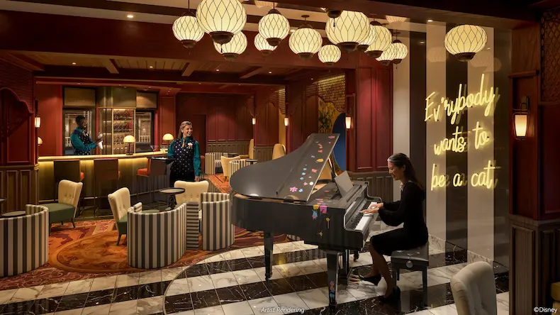 De nieuwe Scat Cat Lounge op de Disney Treasure is geïnspireerd op The Aristocats. © Disney Cruise Line