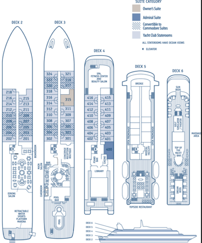 Dekkenplan SeaDream I en II © SeaDream Yacht Club