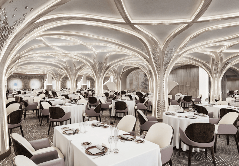 Artist impression van het opnieuw ontworpen Compass Rose-restaurant op de Seven Seas Grandeur van Regent Seven Seas Cruises © James Arnold / Regent Seven Seas Cruises