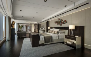 De woonkamer van de Skyview Regent Suite op de Seven Seas Prestige. © Regent Seven Seas Cruises.